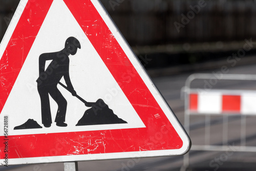 Road sign in a street under reconstruction