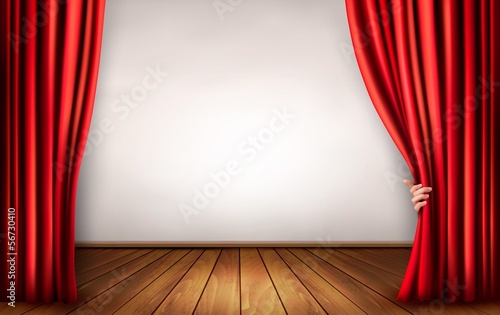 Background with red velvet curtain and hand. Vector illustration