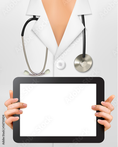 Doctor with stethoscope holding blank digital tablet.