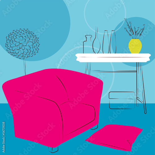 blue room with pink chair