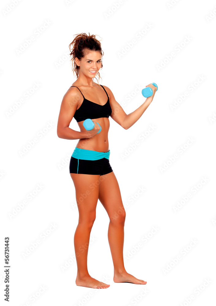 Beautiful woman doing weights to tone her muscles