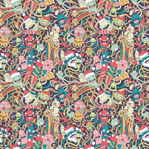 Christmas seamless pattern with cute crazy monsters