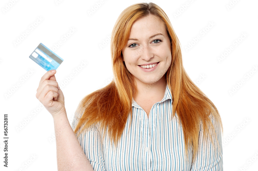 Young lady displaying her cash card Young lady displaying her cash card