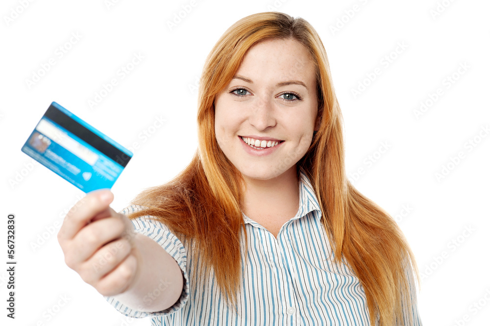 Young lady showing her cash card Young lady showing her cash card