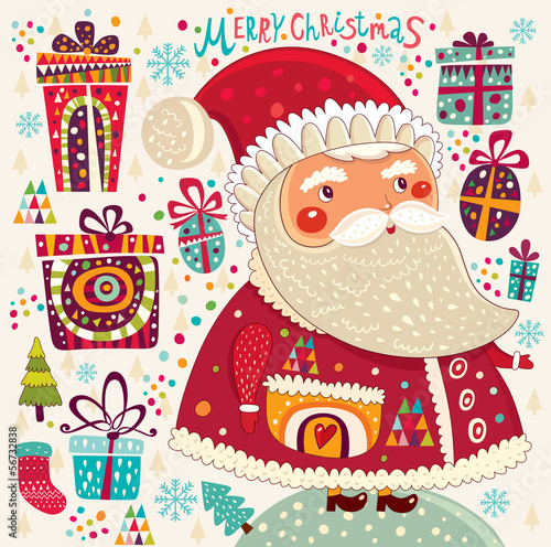 Cartoon funny Santa Claus with presents