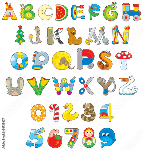 English alphabet and numerals with toys