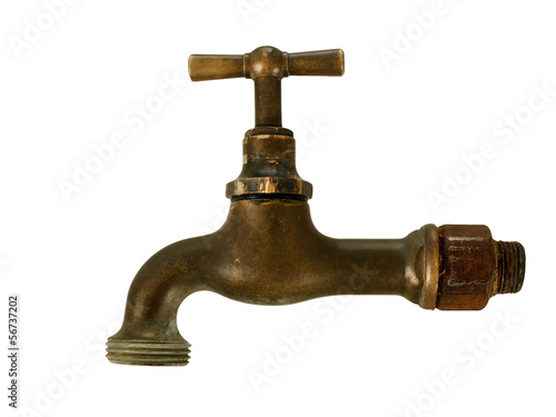 Old brass tap, faucet, isolated over white