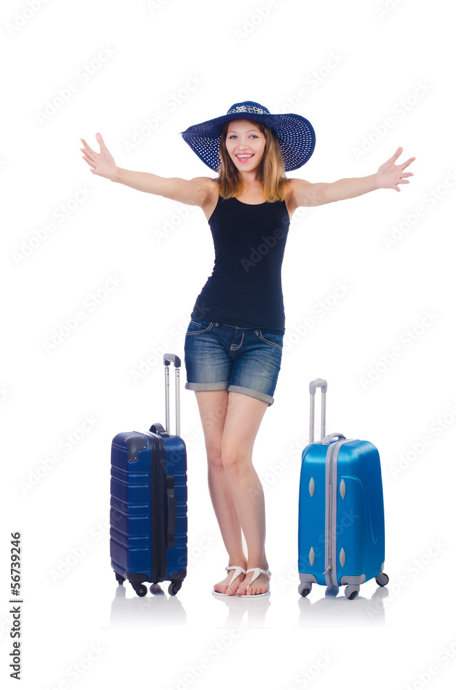 Girl with suitcases isolated on white Girl with suitcases isolated on white