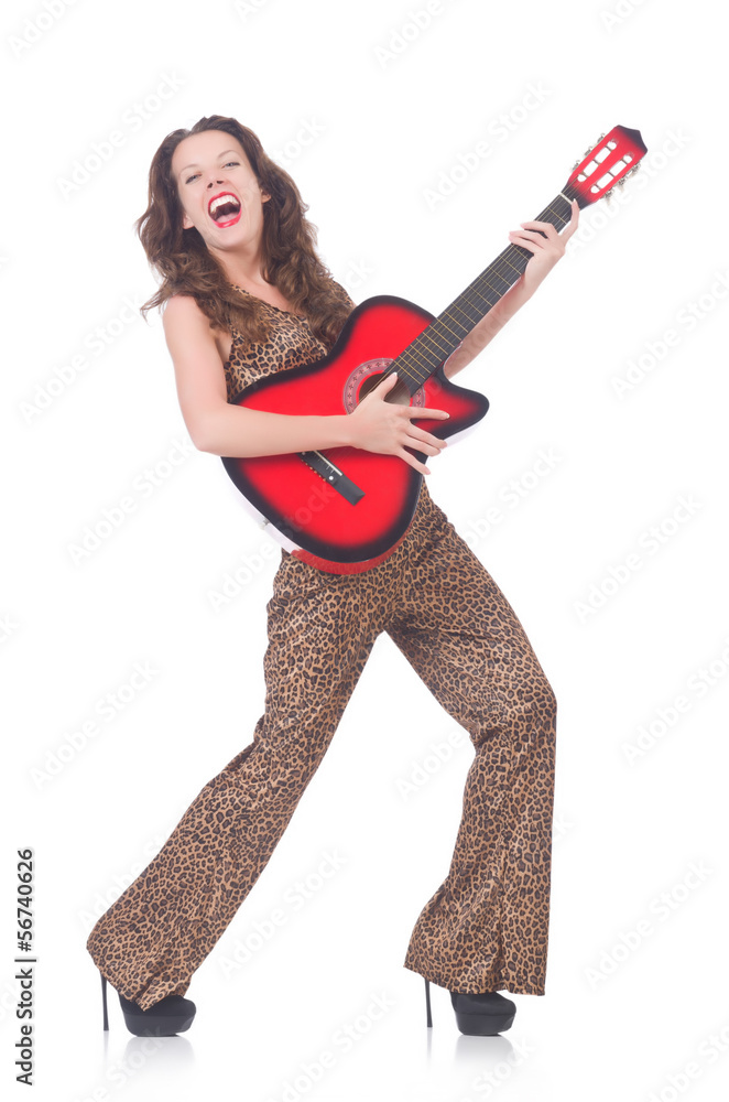 Woman in leopard clothing on white with guitar Woman in leopard clothing on white with guitar