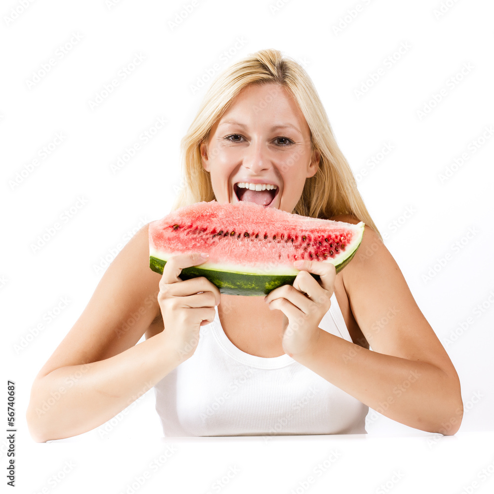 Happy young woman eating fresh watermelon Happy young woman eating fresh watermelon