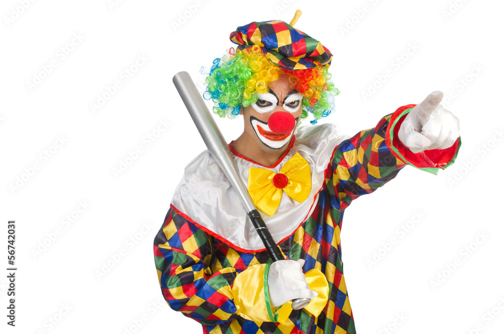 Clown with baseball bat isolated on white Clown with baseball bat isolated on white