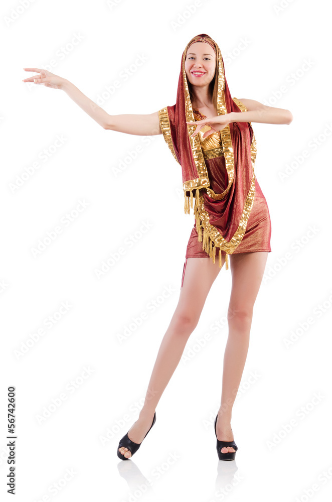 Girl dancing belly dance on white