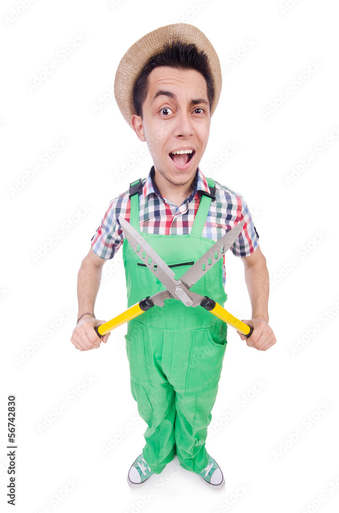 Funny man with shears on white Funny man with shears on white