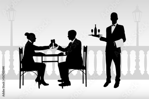 couple in the restaurant and waiter serving them- vector