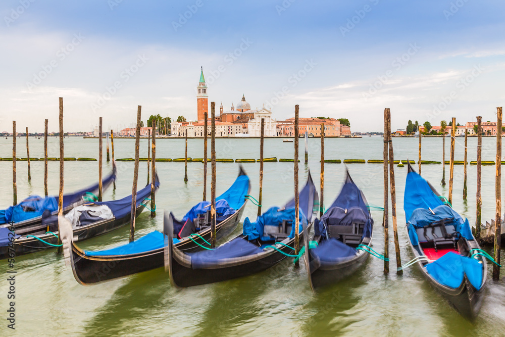 gondola boats and San Giorgio church, Venice