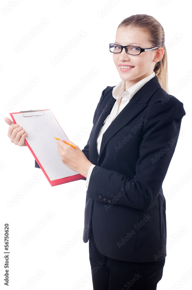 Woman with pad isolated on white