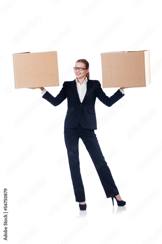 Woman businesswoman with boxes on white Woman businesswoman with boxes on white