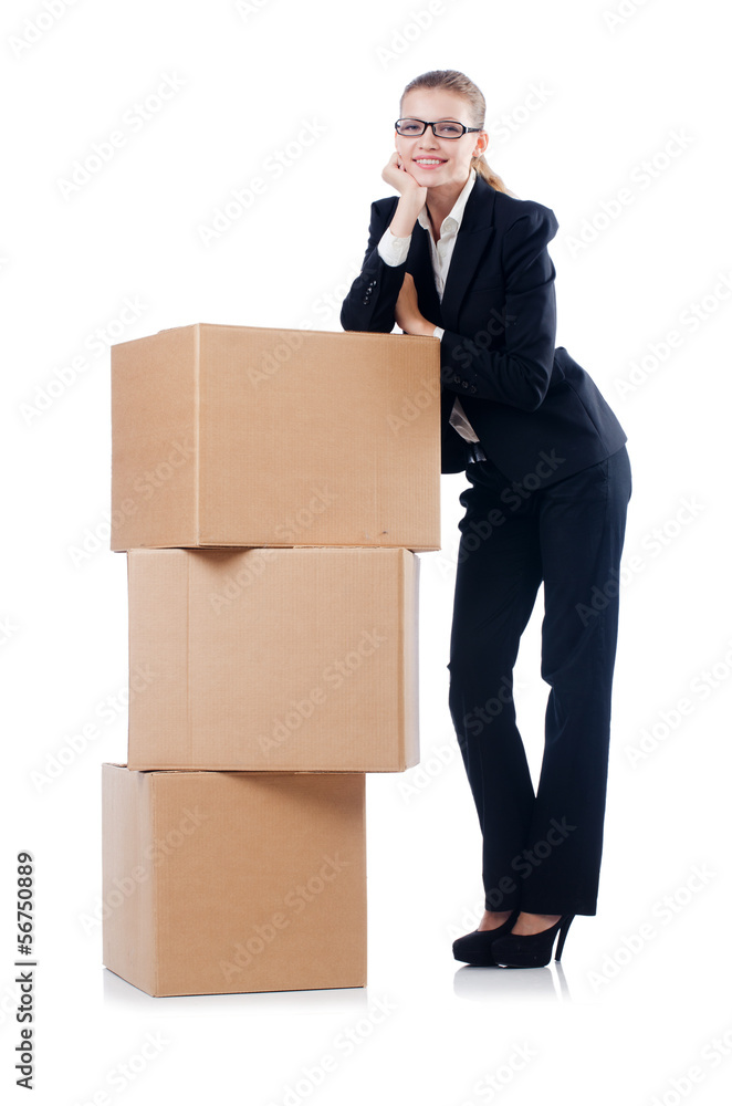 Woman businesswoman with boxes on white Woman businesswoman with boxes on white