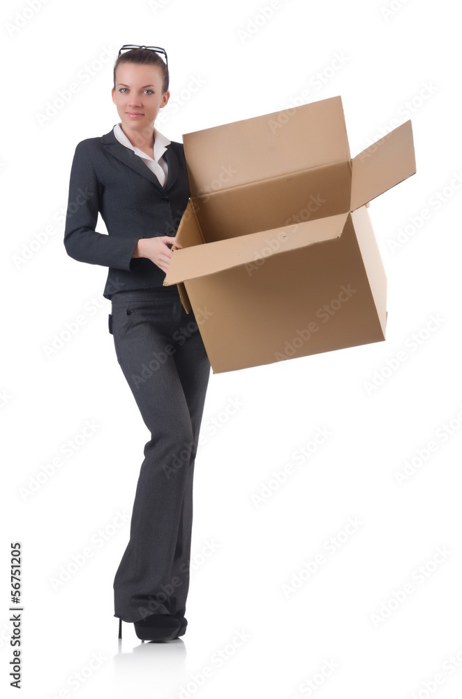 Woman businesswoman with boxes on white Woman businesswoman with boxes on white