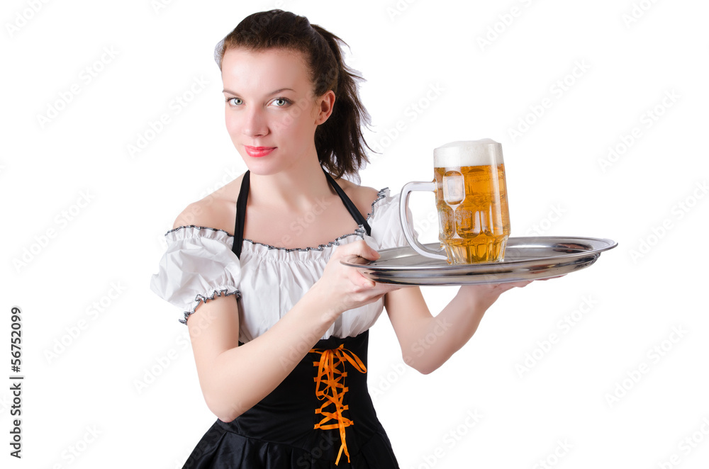 Young waitress with beer on white Young waitress with beer on white