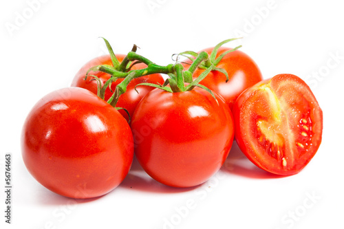 Closeup of tomatoes on the vine isolated on white. Tomato branch