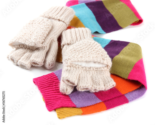 Wool fingerless gloves and multicolor scarf, isolated on white