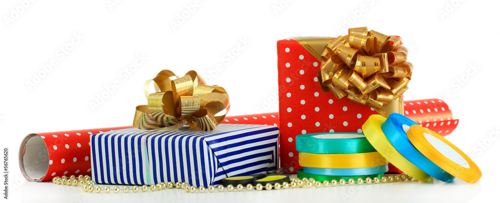 Obraz premium Materials and accessories for wrapping gifts isolated on white