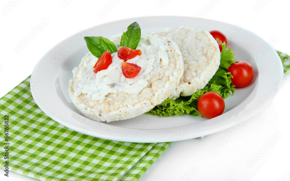 Tasty crispbreads with vegetables, isolated on white Tasty crispbreads with vegetables, isolated on white