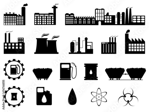 Set of industry buildings and signs illustrated on white