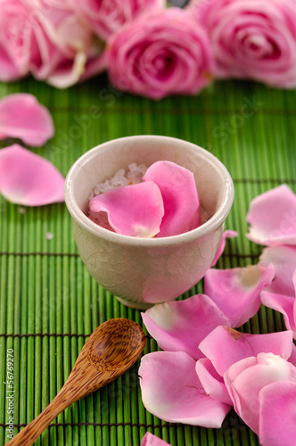 Spa Concept  Rose petals  spoon  salt in bowl