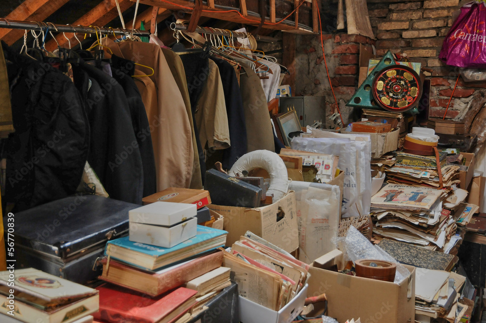 old objects in an attic in Normandie - obrazy, fototapety, plakaty 
