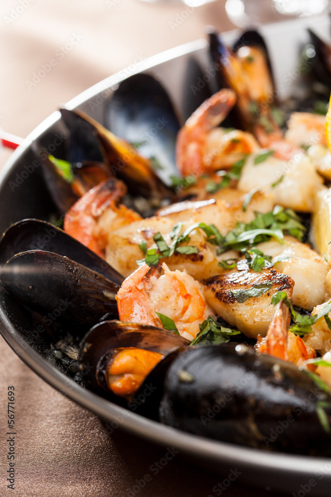 seafood paella in the fry pan seafood paella in the fry pan
