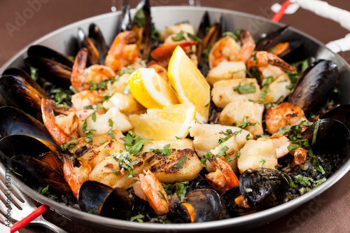 seafood paella in the fry pan
