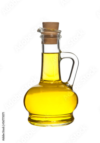 Bottle of olive oil on the table isolated on white background