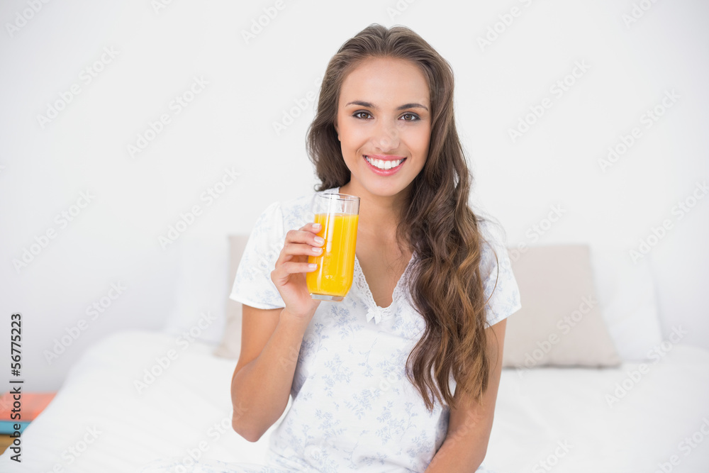 Smiling attractive brunette holding a glass of orange juice Smiling attractive brunette holding a glass of orange juice