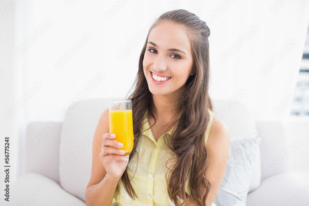 Smiling pretty brunette holding glass of orange juice Smiling pretty brunette holding glass of orange juice
