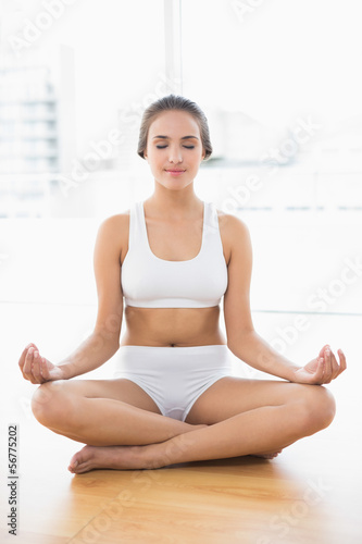 Peaceful brunette woman with closed eyes meditating