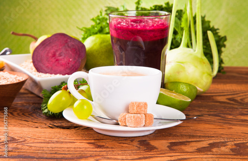 Breakfast including coffee orange juice  muesli and fruits