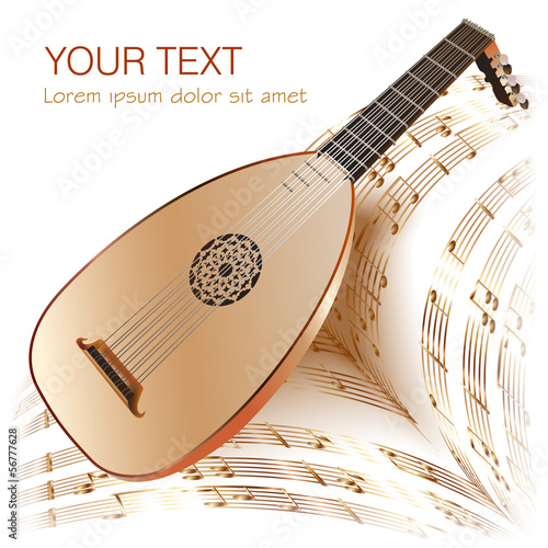 Late Baroque era lute with musical notes in retro style
