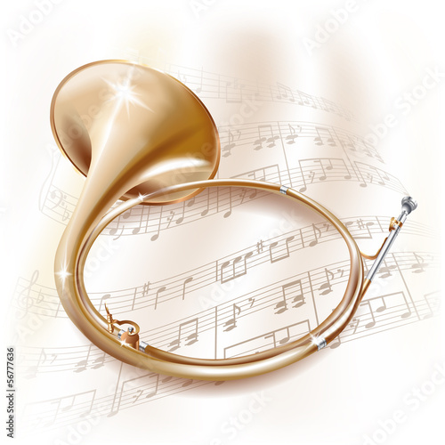 Traditional hunting horn on white background with musical notes