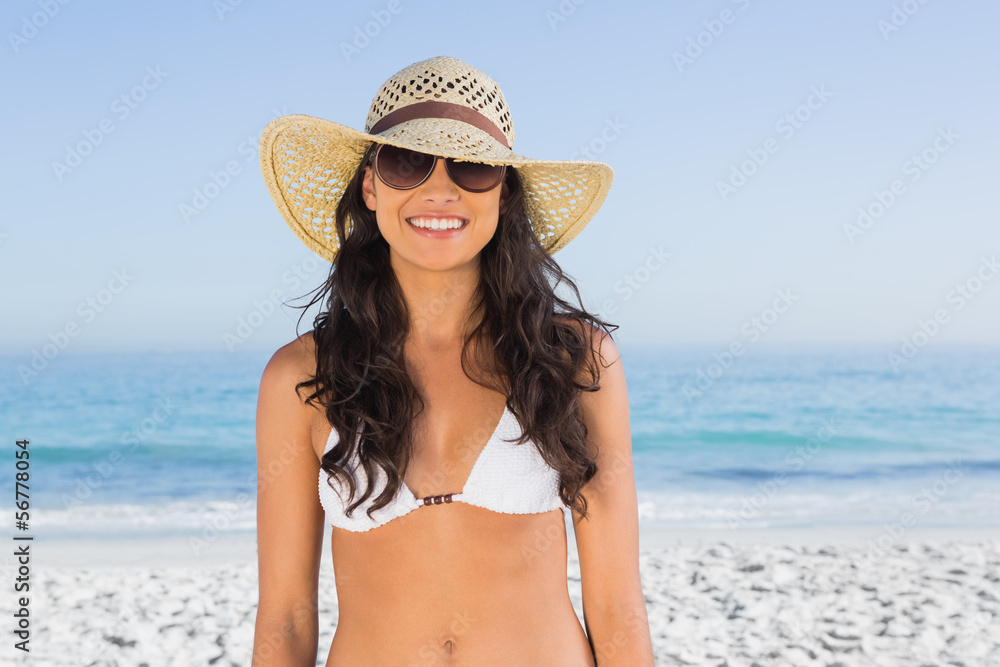 Smiling attractive brunette with straw hat and sunglasses