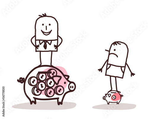 Businessman on Big Piggy Bank and  Poor Man with Little One