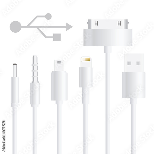 Set of USB cable on isolated white background