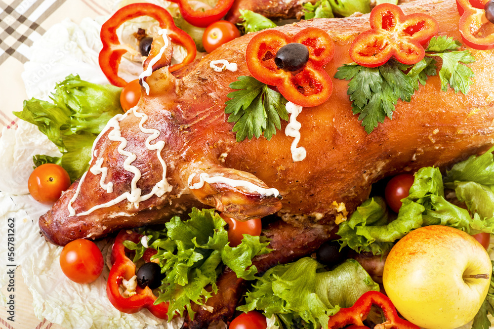 christmas roast suckling pig on banquet table christmas roast suckling pig on banquet table