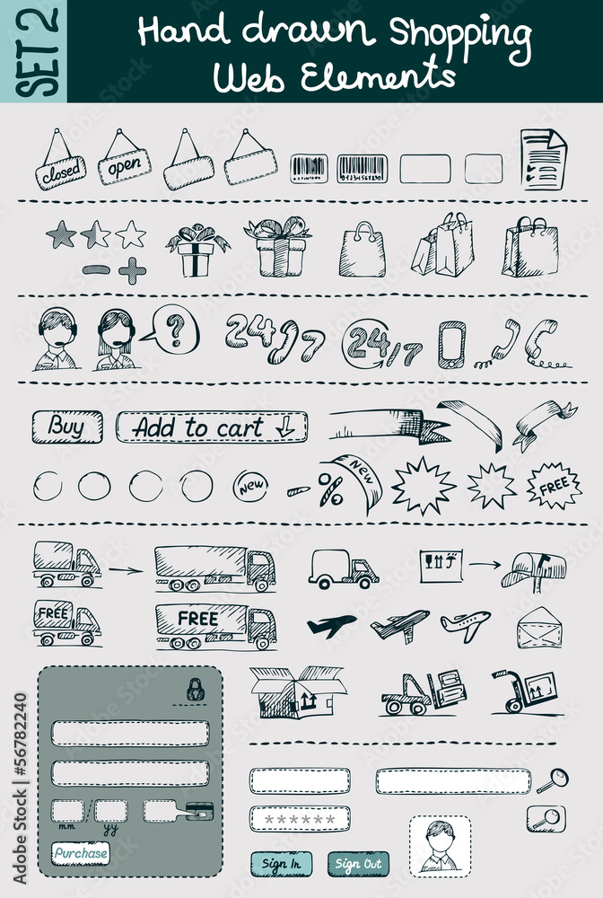 Hand drawn shopping and e-commerce elements set