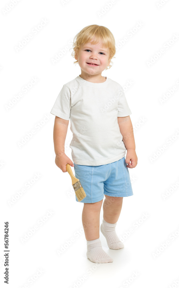 boy with paint brush front view standing full length isolated on boy with paint brush front view standing full length isolated on