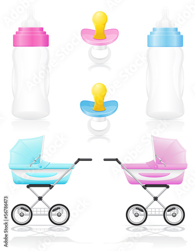 set icons perambulator bottle pacifier pink and blue vector illu