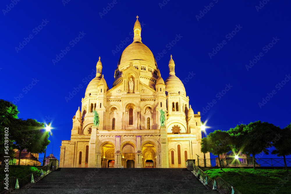 Sacre Coeur Cathedral on Montmartre Hill at Dusk, Paris