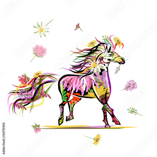 Horse sketch with floral decoration for your design. Symbol of