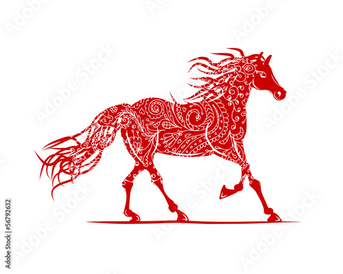 Red horse with floral ornament for your design. Symbol of 2014